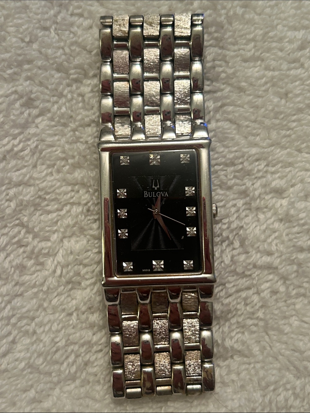 Bulova Silver Bracelet Watch with Black Dial and Crystal Markers